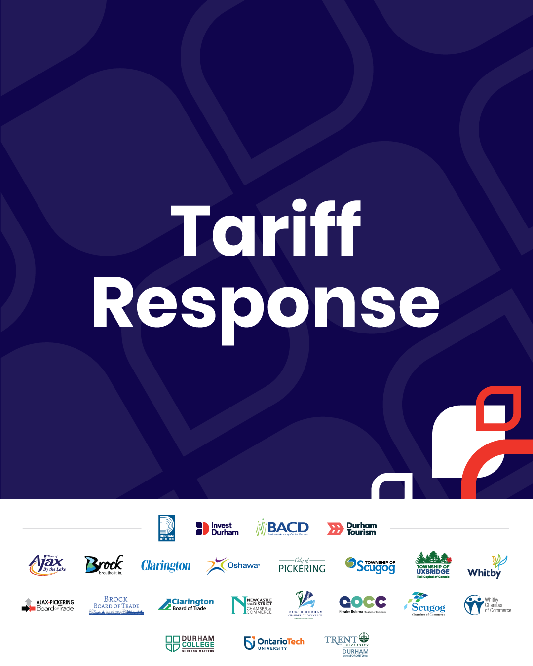 Blue background with white text reading 'Tariff Response' and various municipality and college logos at bottom