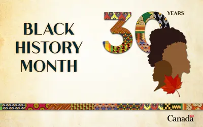 Beige background with elements from 2026 Black History Month theme, and heading reading 'Black History Month, 30 years'