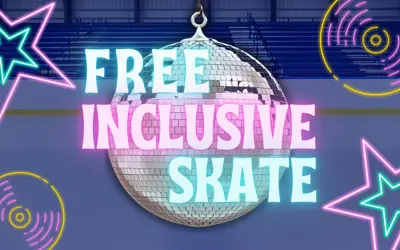 An arena ice pad with a large disco ball and the words Free Inclusive Skate