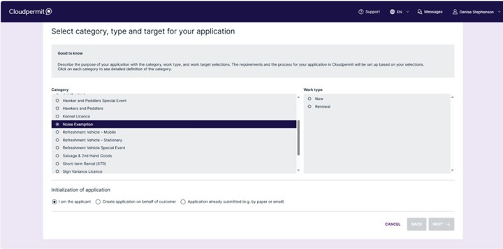 Screenshot "Select category, type and target for your application" screen