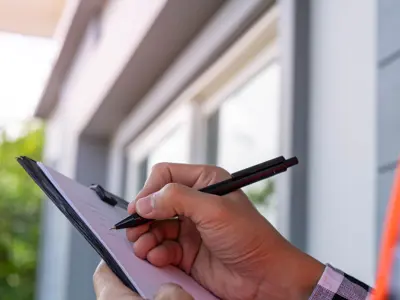 Person writing on clipboard in front of house