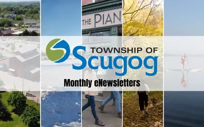 photos of different seasons in scugog with overlayed Township of Scugog logo and text reading 'Monthly eNewsletters'